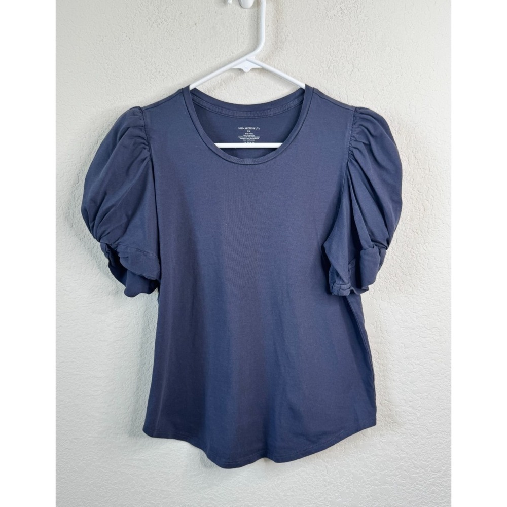 Summersalt Puff Sleeve Top Women's S Blue Pima Cotton Romantic Coquette‎ Casual - Picture 2 of 5